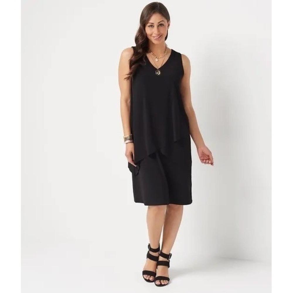 Susan Graver Black Liquid Knit Sleeveless V Neck Tiered Midi Dress Size‎ Large